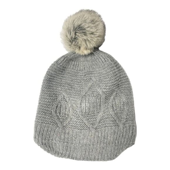 Surell Women's Grey Knit Winter Hat Cap Beanie Faux Fur Pompom Brim OS - Picture 2 of 8